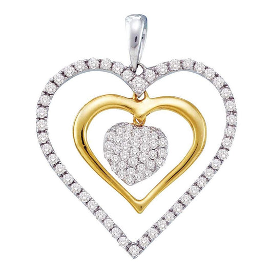 14k White Gold Round Diamond Double Frame Heart Cluster Pendant 1/2 Cttw