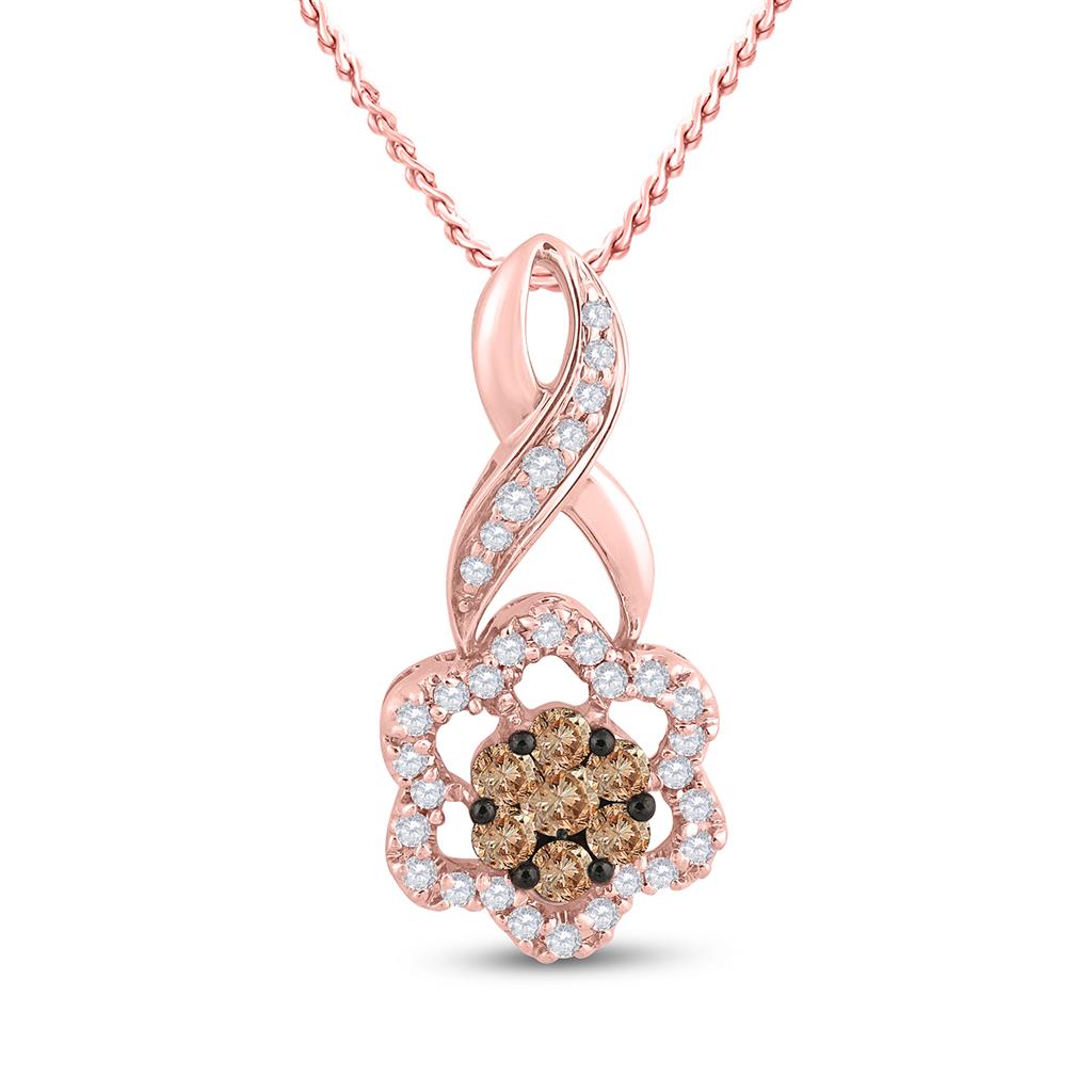 14k Rose Gold Round Brown Diamond Flower Cluster Pendant 1/2 CttwF