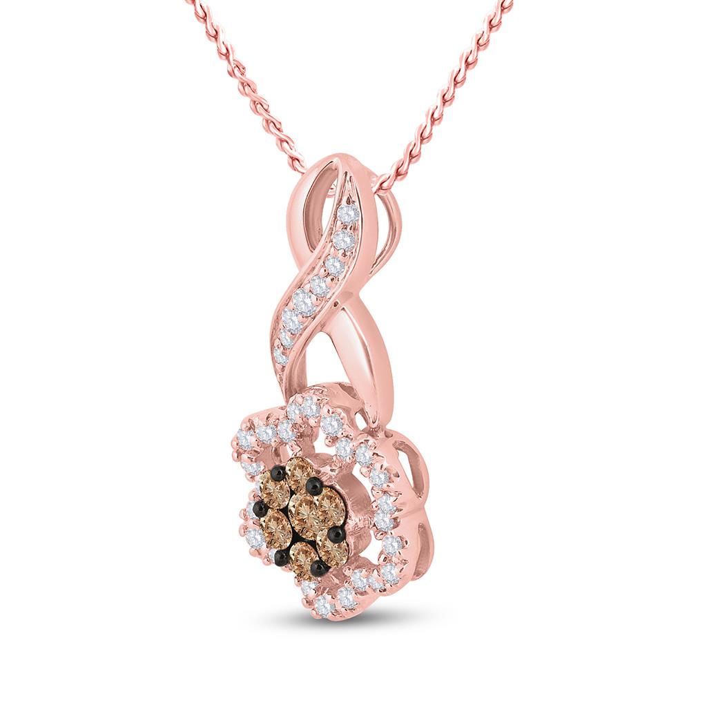 14k Rose Gold Round Brown Diamond Flower Cluster Pendant 1/2 CttwF