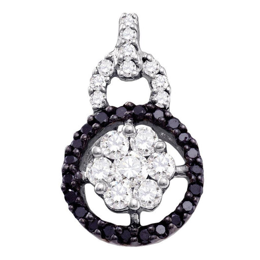 14k White Gold Round Black Diamond Cluster Pendant 1/2 Cttw