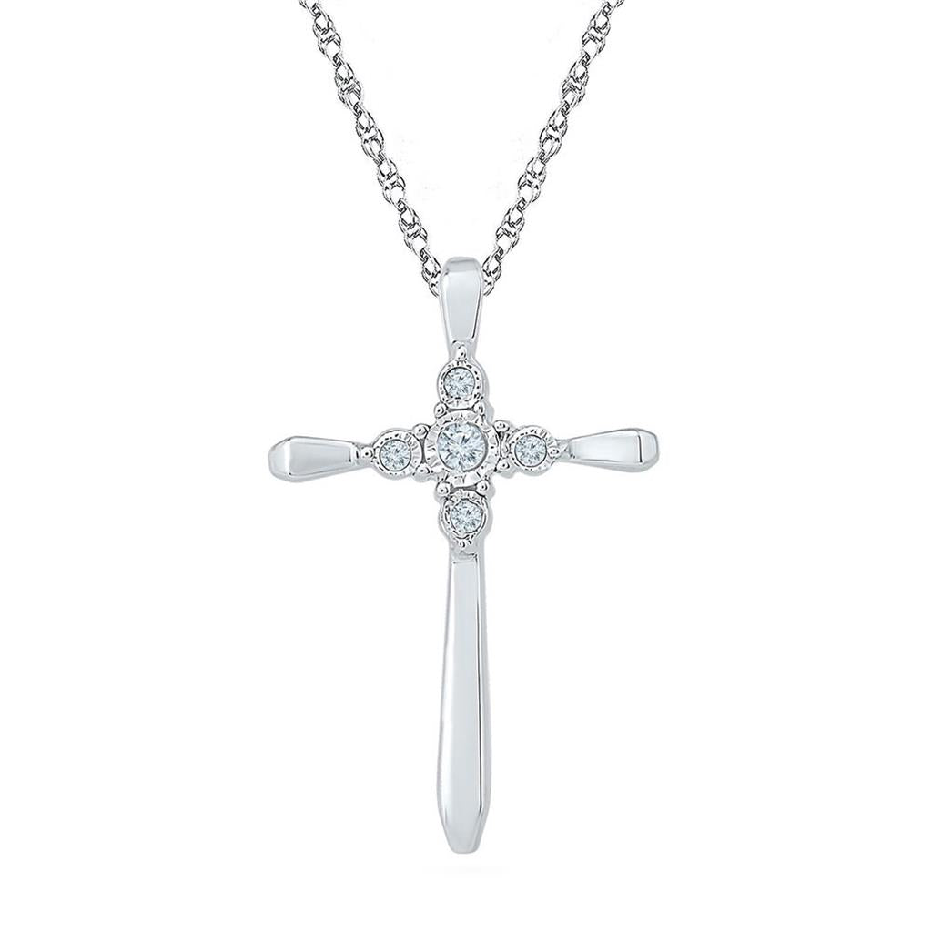 14k White Gold Round Diamond Cross Religious Pendant 1/20 Cttw