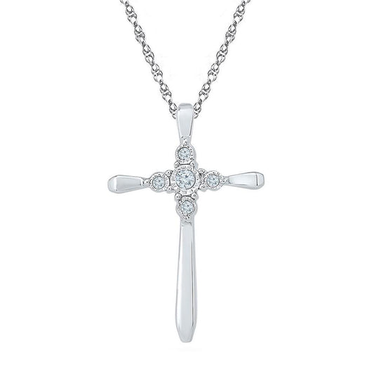 14k White Gold Round Diamond Cross Religious Pendant 1/20 Cttw