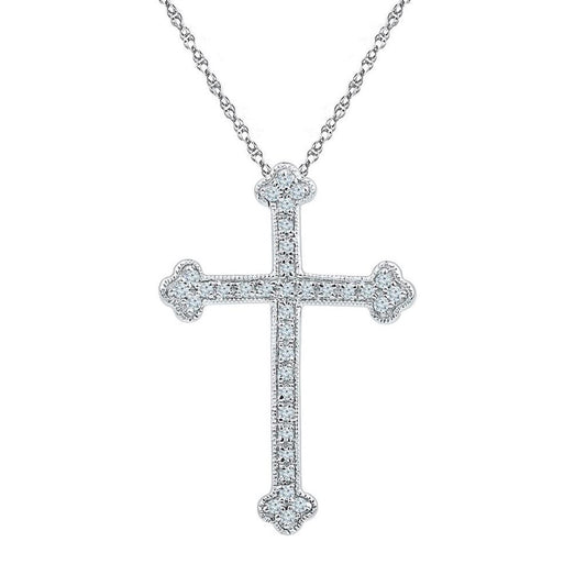 14k White Gold Round Diamond Gothic Cross Religious Pendant 1/5 Cttw