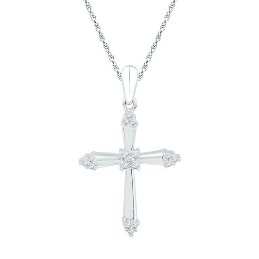 14k White Gold Round Diamond Cross Pendant 1/10 Cttw