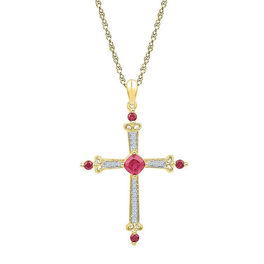 10k Yellow Gold Round Created Ruby Diamond Cross Pendant 1-1/3 Cttw