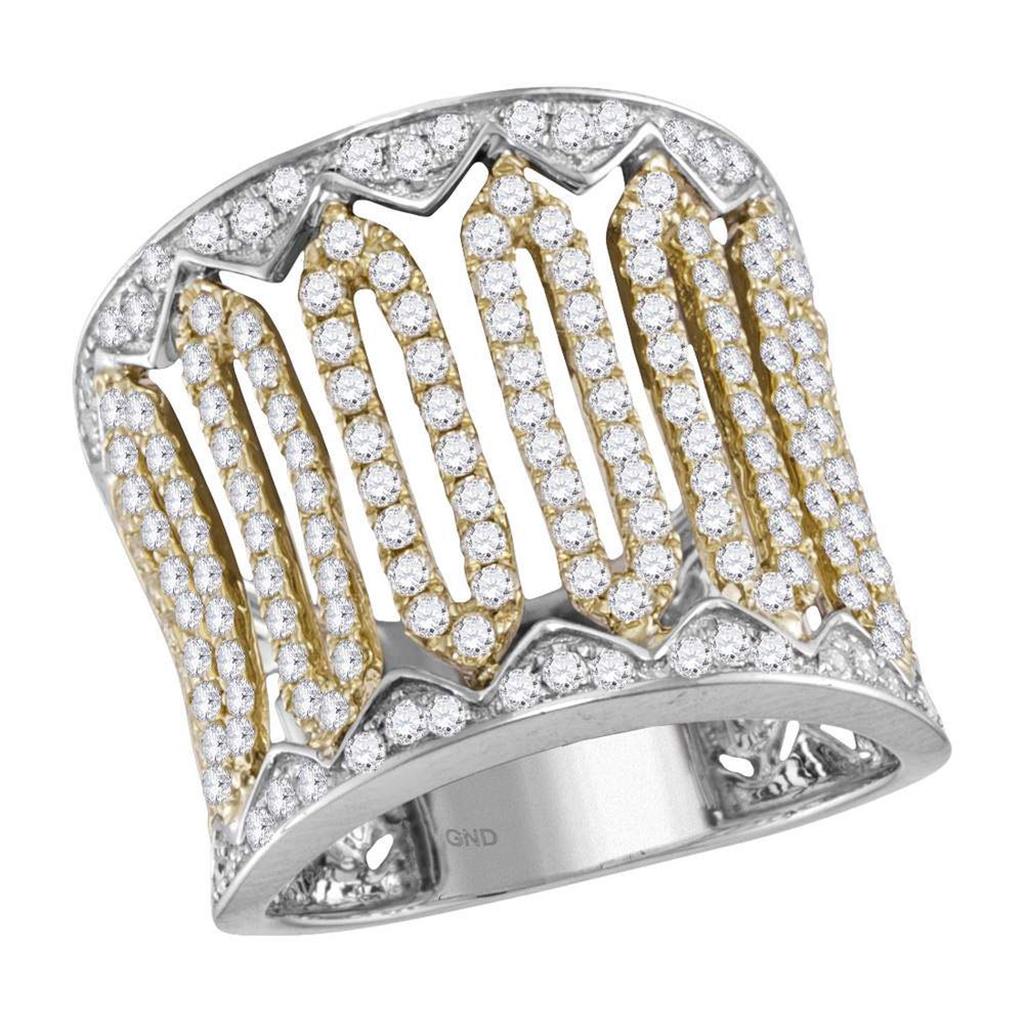 10k Two-tone White Gold Round Diamond Striped Cocktail Band Ring 1-1/2 Cttw