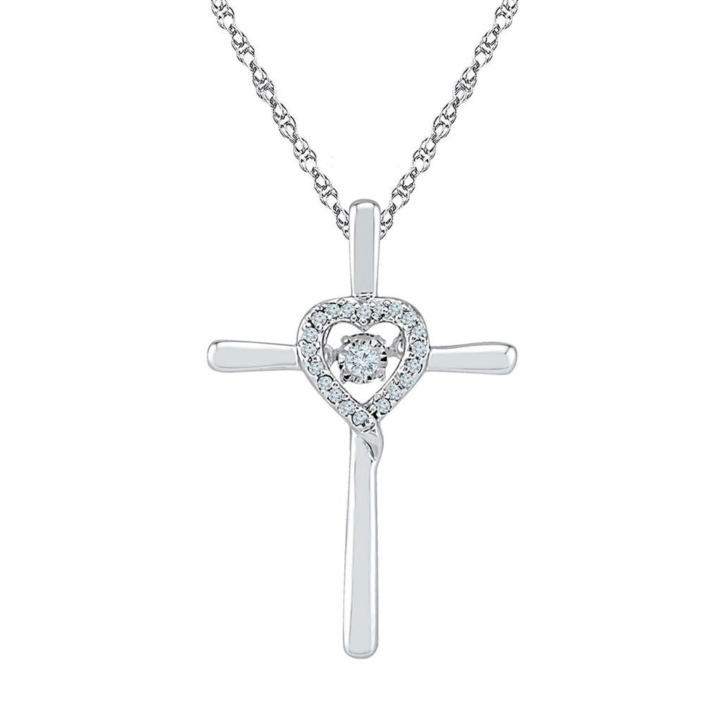 14k White Gold Round Diamond Solitaire Cross Heart Religious Pendant 1/10 Cttw