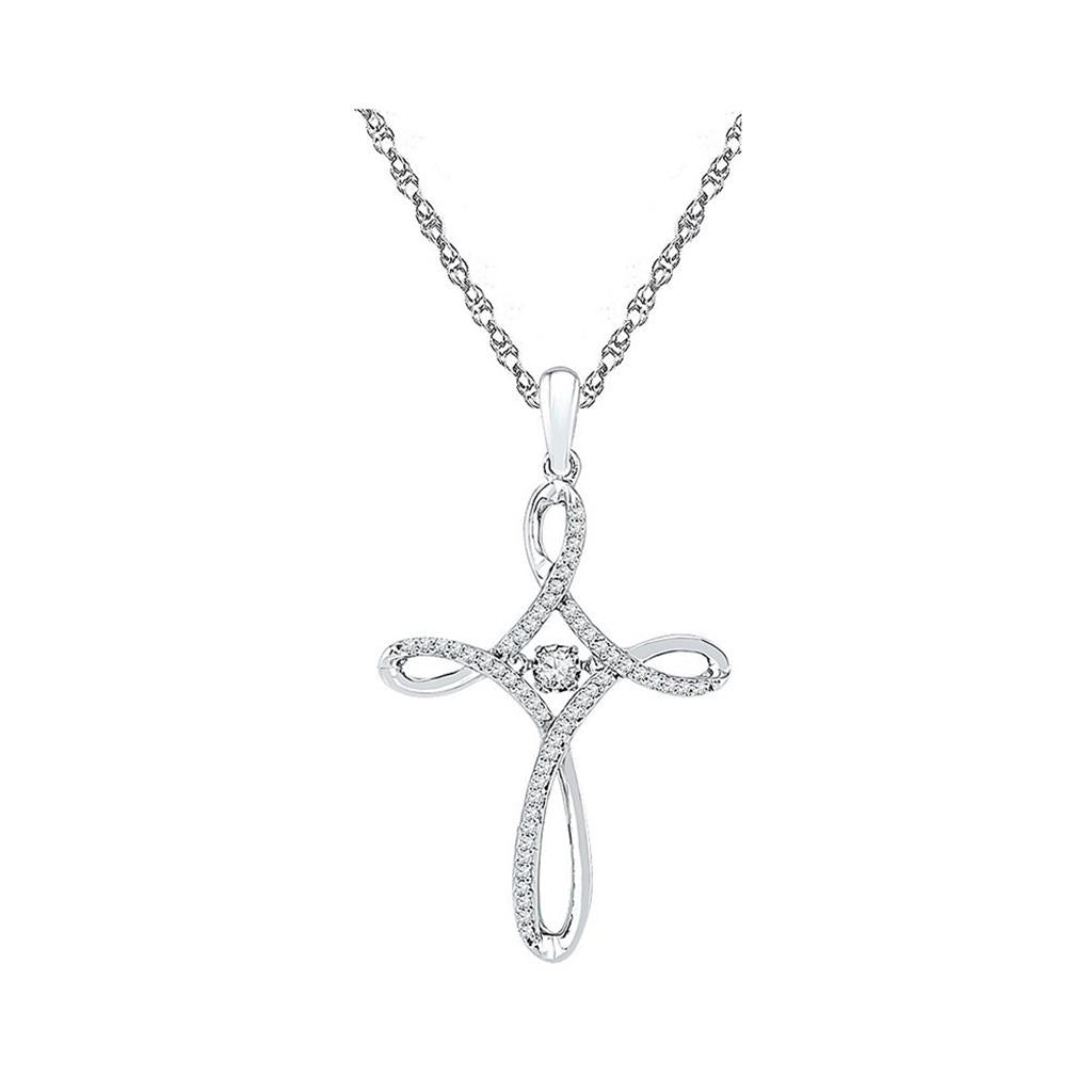 14k White Gold Round Moving Diamond Cross Pendant 1/5 Cttw