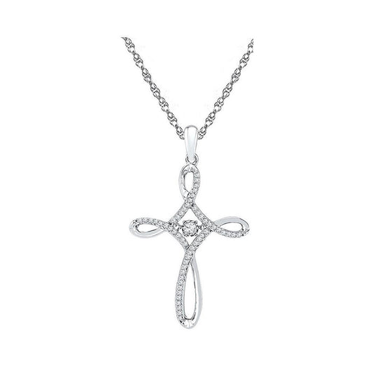 14k White Gold Round Moving Diamond Cross Pendant 1/5 Cttw