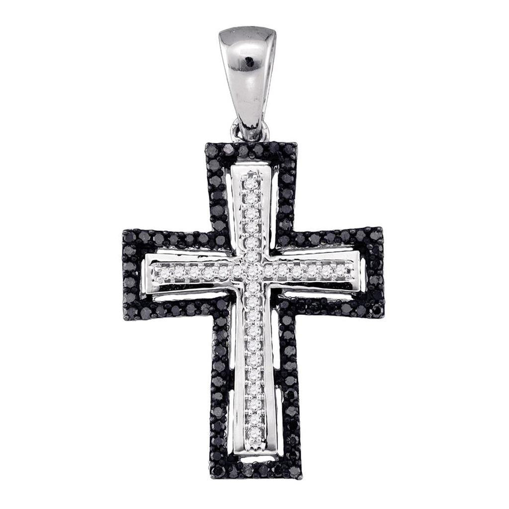 14k White Gold Black Diamond Roman Cross Pendant 1/4 Cttw