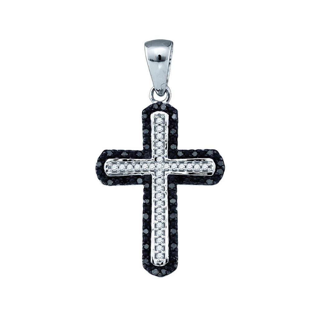 14k White Gold Round Black Diamond Cross Pendant 1/5 Cttw