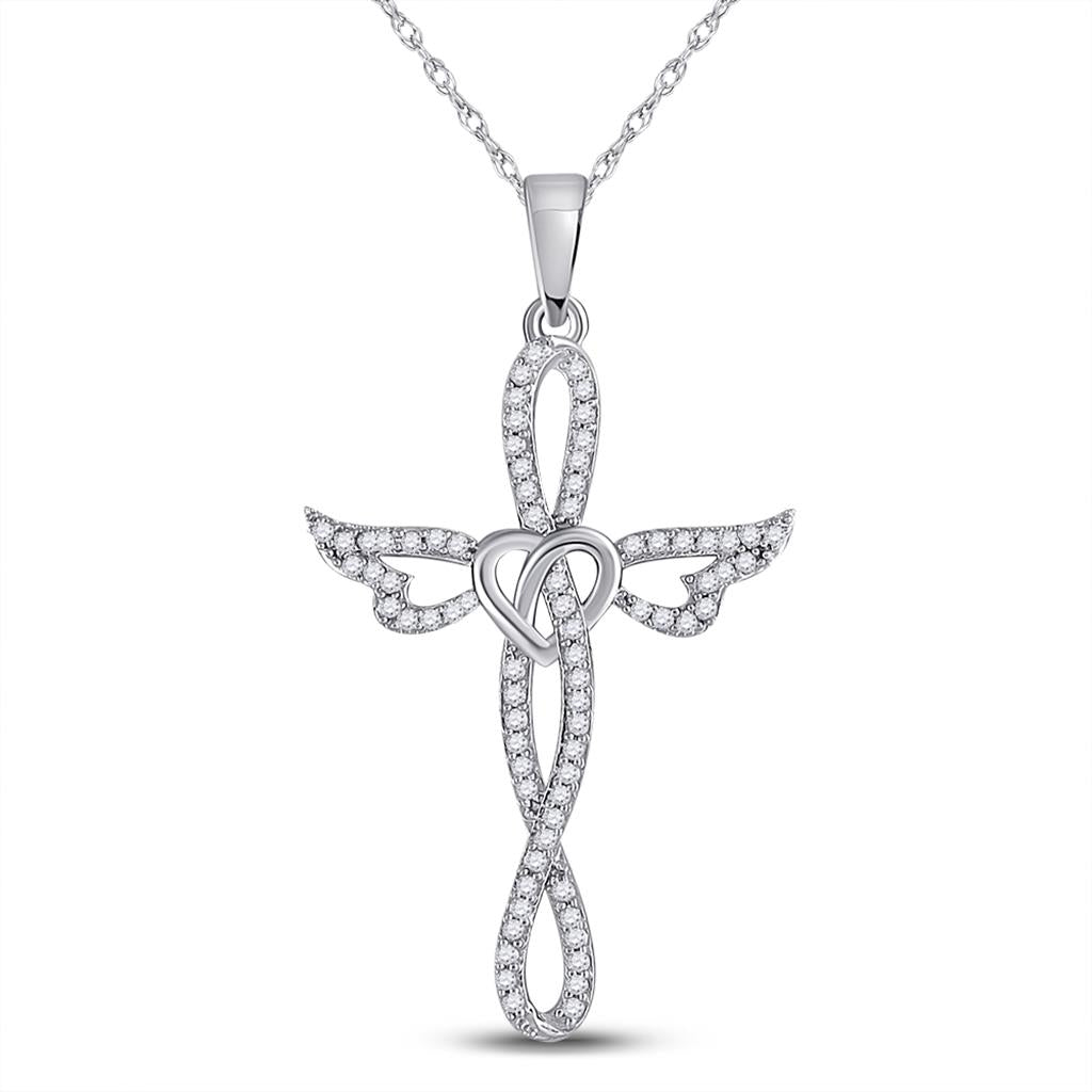 14k White Gold Round Diamond Cross Heart Winged Pendant 1/5 Cttw