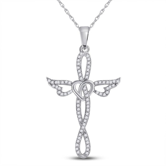 14k White Gold Round Diamond Cross Heart Winged Pendant 1/5 Cttw