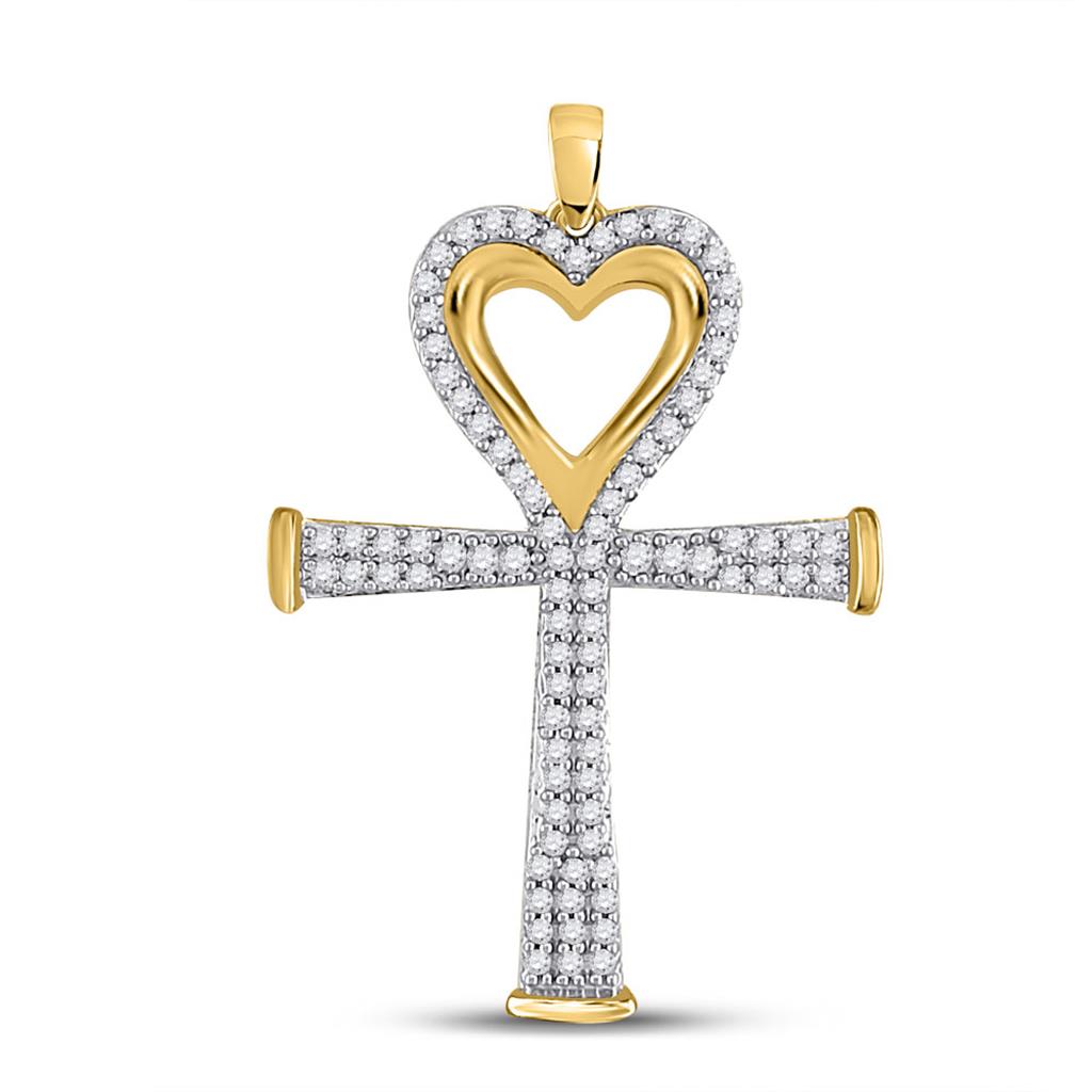 10k Yellow Gold Round Diamond Ankh Cross Heart Pendant 1/5 Cttw