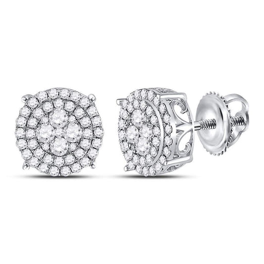 14k White Gold Round Diamond Cluster Stud Earrings 1 Cttw