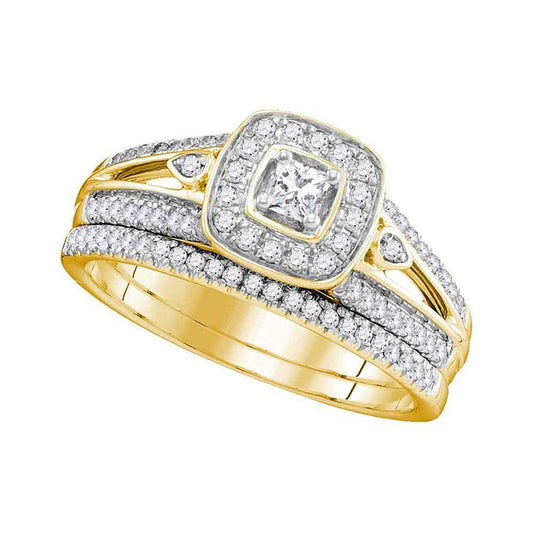 10k Yellow Gold Princess Diamond Halo Bridal Wedding Ring Set 1/2 Cttw