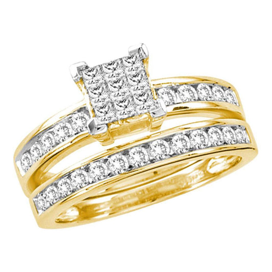 14k Yellow Gold Princess Diamond Cluster Bridal Wedding Ring Set 1 Cttw