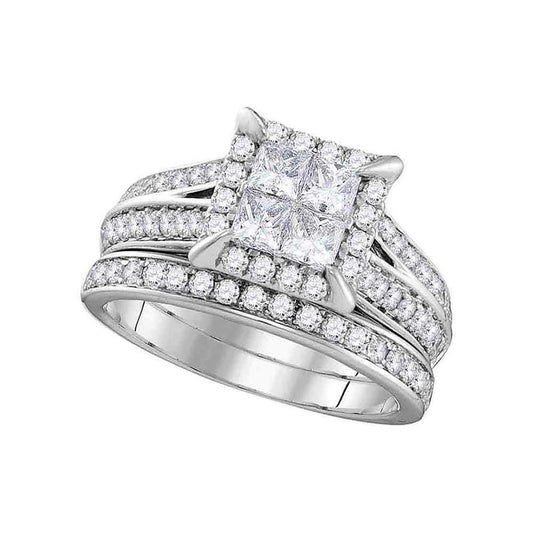 14k White Gold Princess Diamond Bridal Wedding Ring Set 1-1/2 Cttw