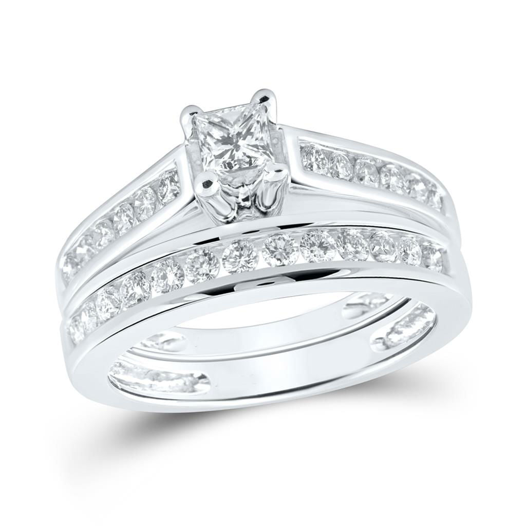 Certified 1.0  Ct. Princess Cut Diamond Bridal Engagement Ring Set 14K White Gold