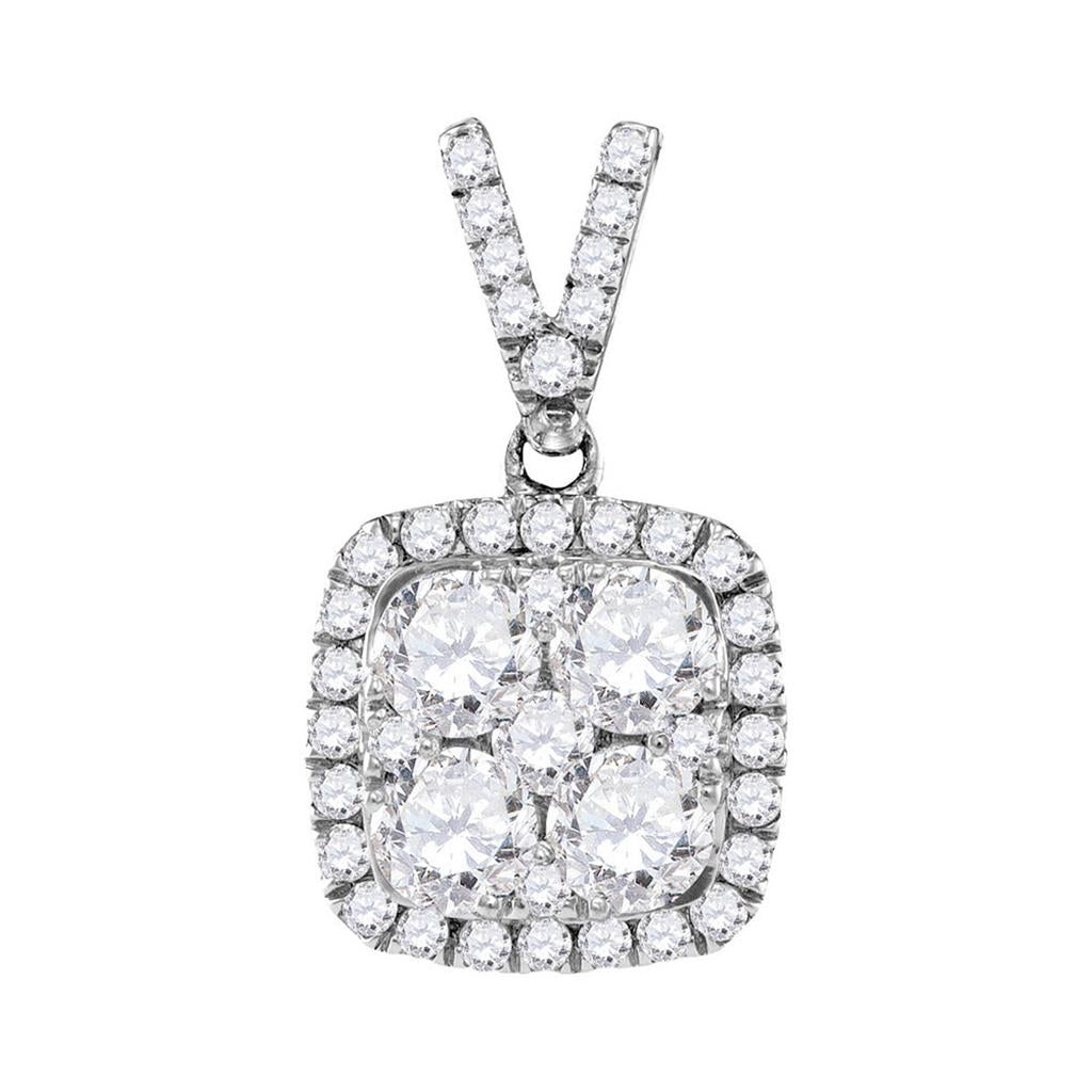 14k White Gold Round Diamond Square Cluster Pendant 1-1/3 Cttw