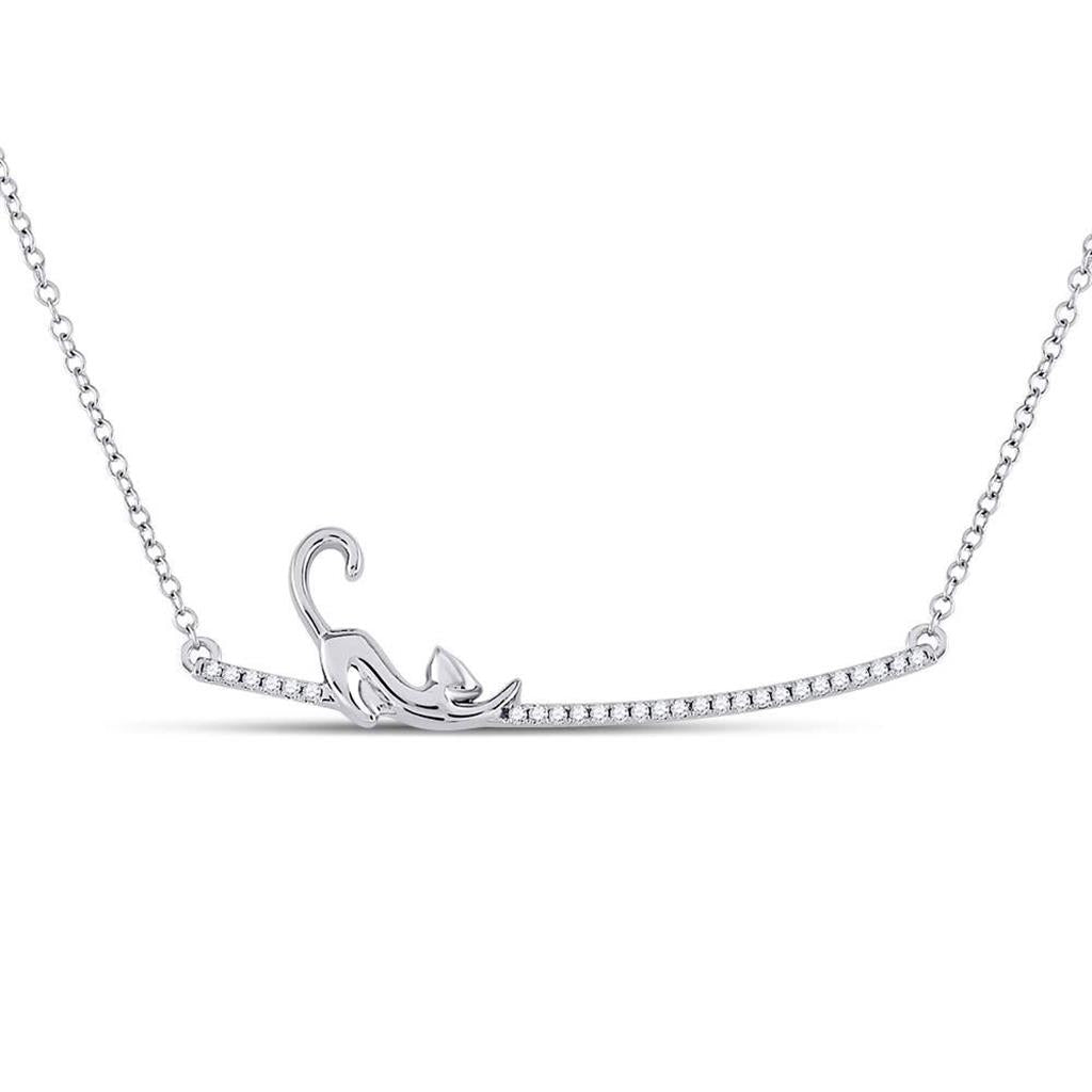 14k White Gold Diamond Kitty Cat Bar Pendant Necklace 1/10 Cttw