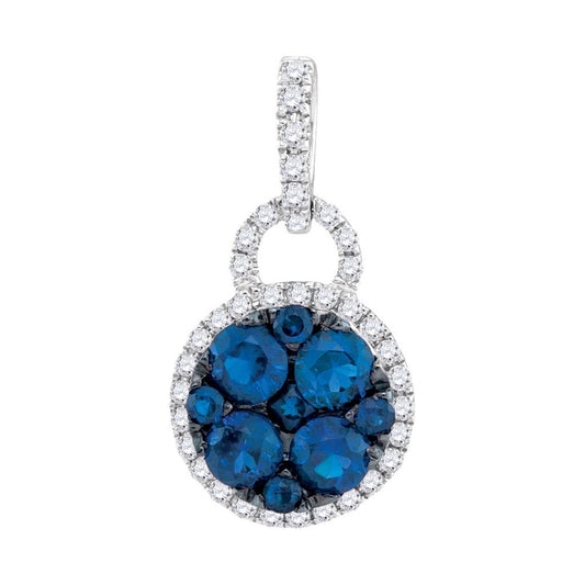 14k White Gold Round Blue Sapphire Cluster Pendant 3/4 Cttw