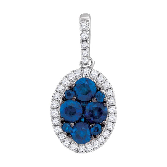 14k White Gold Natural Blue Sapphire Diamond Oval Cluster Pendant 7/8 Cttw