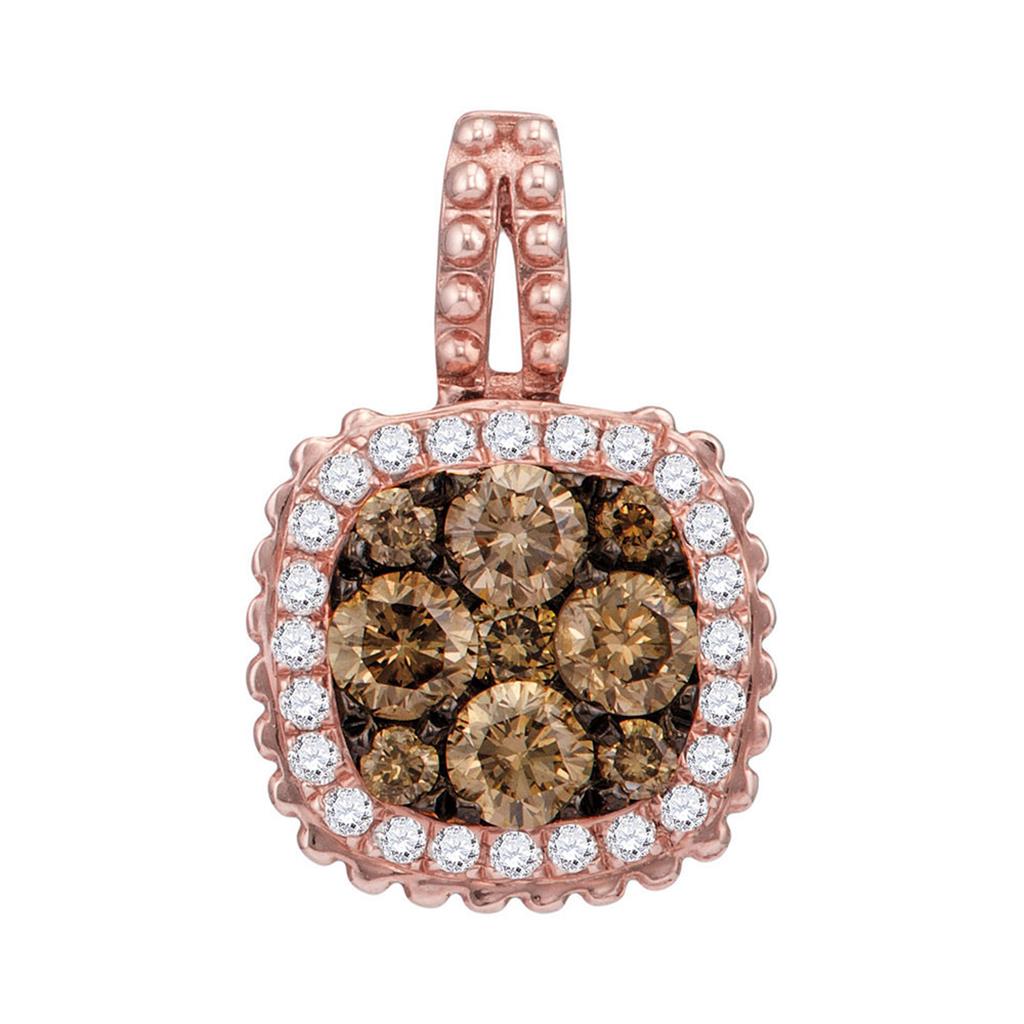 14k Rose Gold Round Brown Diamond Square Frame Cluster Pendant 1/2 Cttw