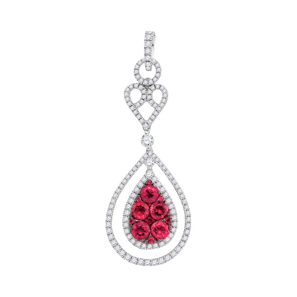 14k White Gold Round Ruby Diamond Teardrop Pendant 2 Cttw