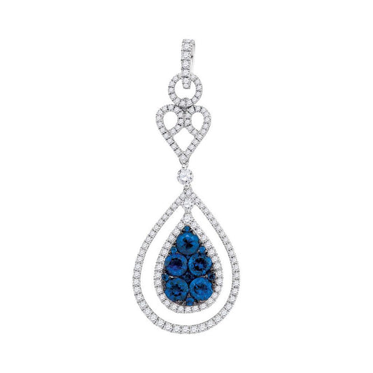 14k White Gold Round Blue Sapphire Teardrop Diamond Frame Pendant 3/4 Cttw