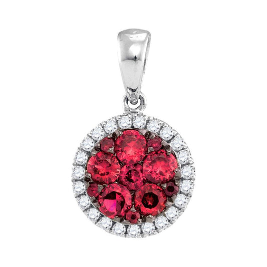 14k White Gold Round Ruby Cluster Diamond Circle Frame Pendant 5/8 Cttw