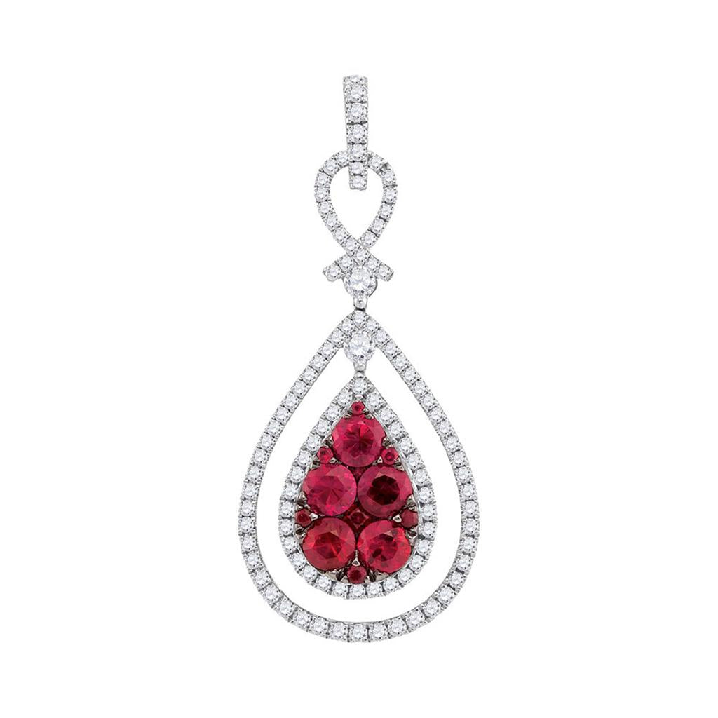 14k White Gold Round Natural Ruby Teardrop Pendant 3/4 Cttw