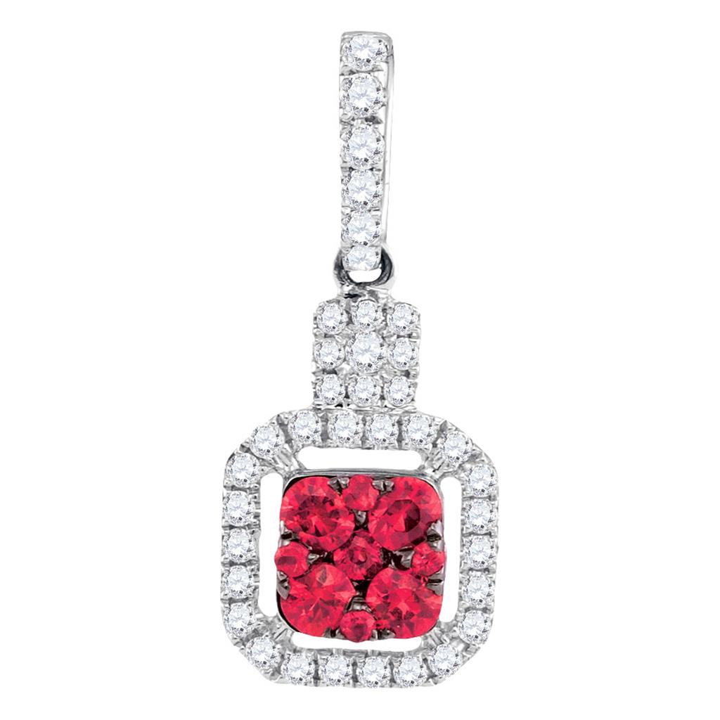 14kt White Gold Round Ruby Cluster Diamond Square Pendant 1/2 Cttw