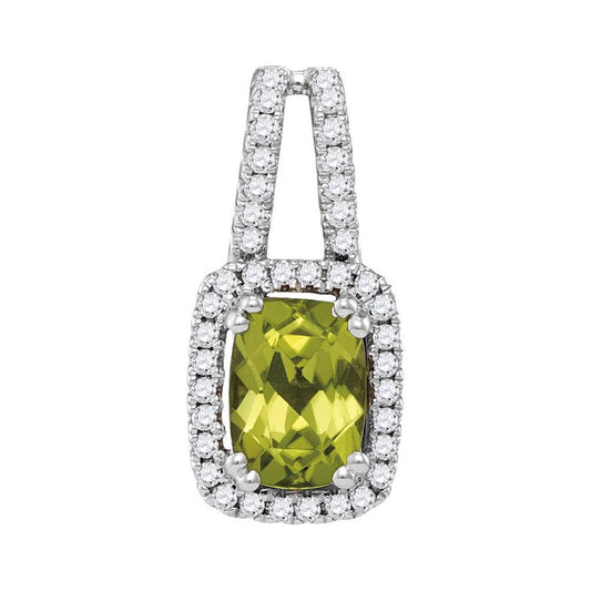 14k White Gold Cushion Peridot Solitaire Diamond Pendant 1/5 Cttw