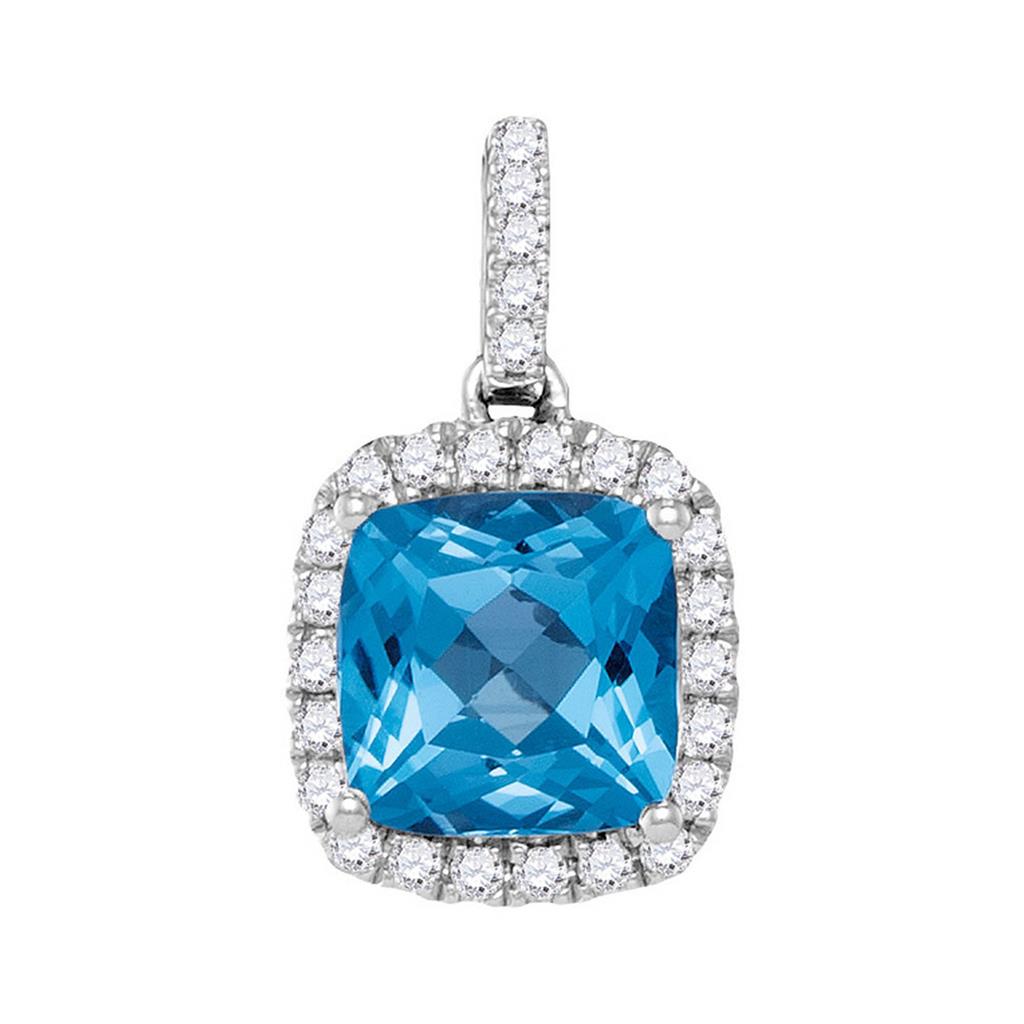 14k White Gold Cushion Blue Topaz Solitaire Diamond Pendant 1-7/8 Cttw