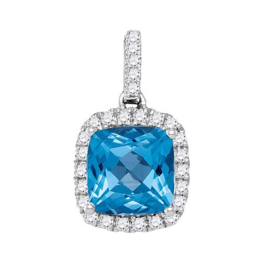 14k White Gold Cushion Blue Topaz Solitaire Diamond Pendant 1-7/8 Cttw