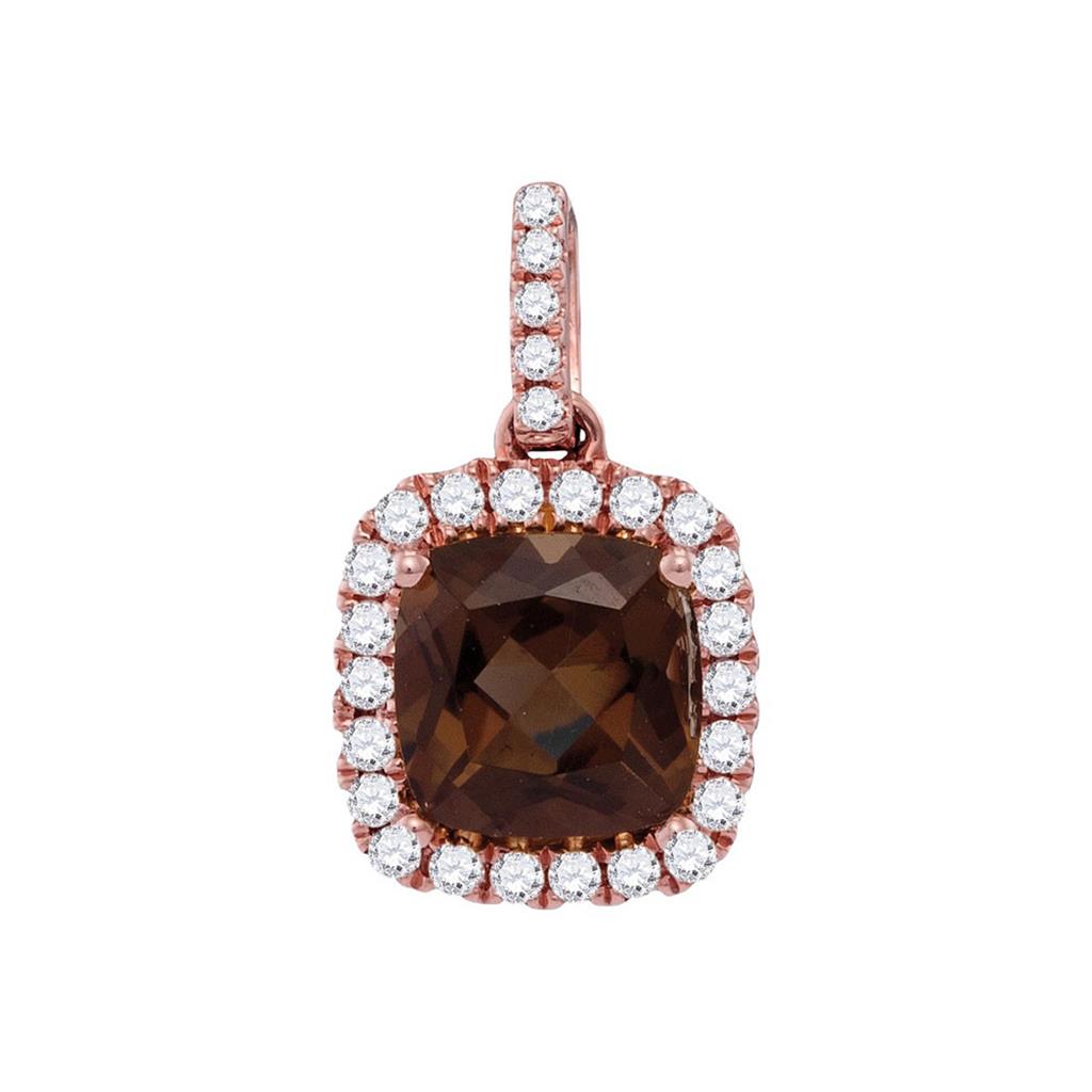 14k Rose Gold Cushion Smoky Quartz Solitaire Diamond Accent Pendant 1/5 Cttw