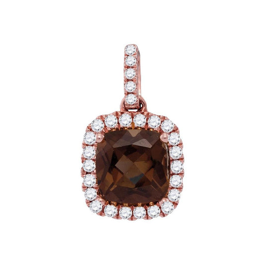 14k Rose Gold Cushion Smoky Quartz Solitaire Diamond Accent Pendant 1/5 Cttw