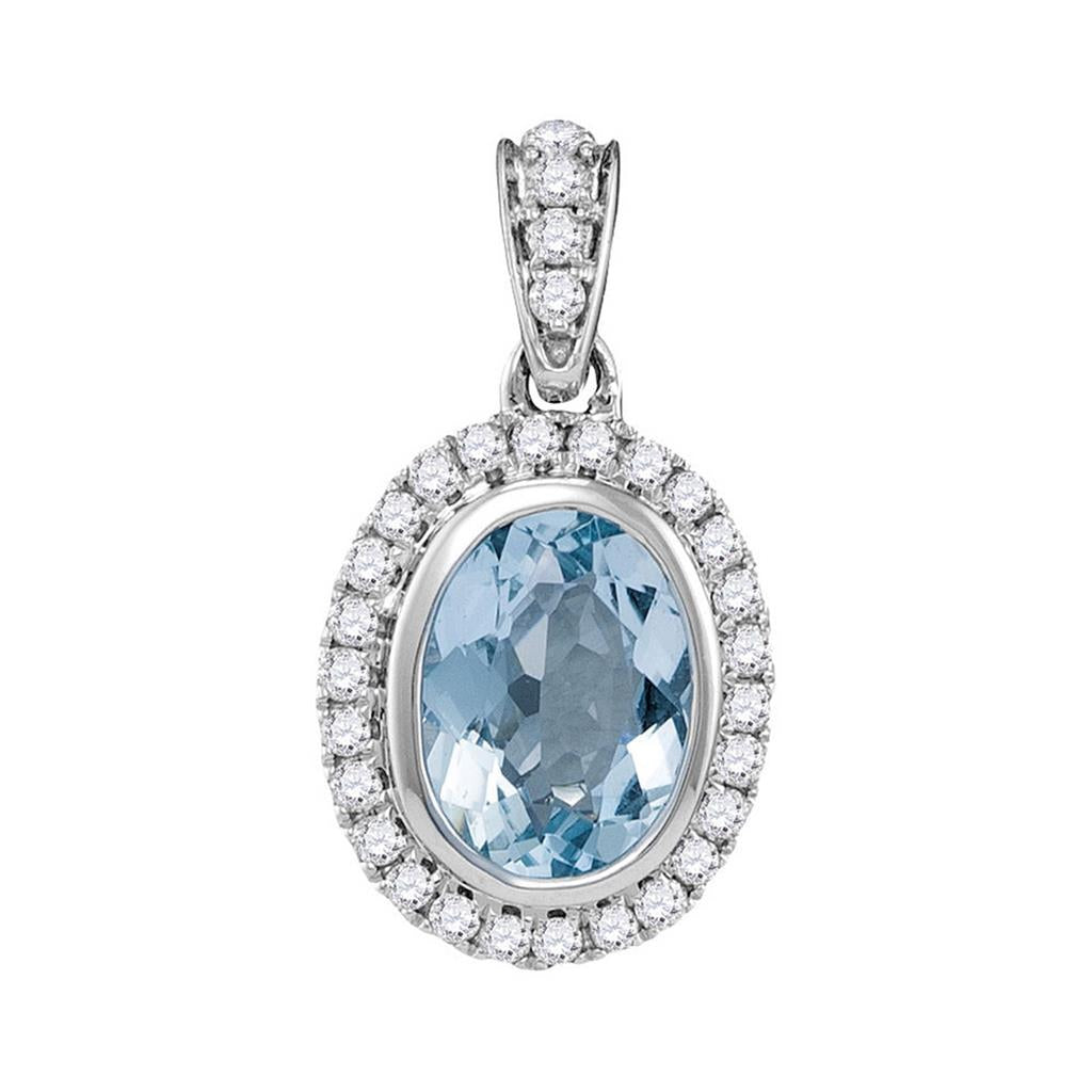 14k White Gold Oval Aquamarine Solitaire Diamond-accent Pendant 1/6 Cttw