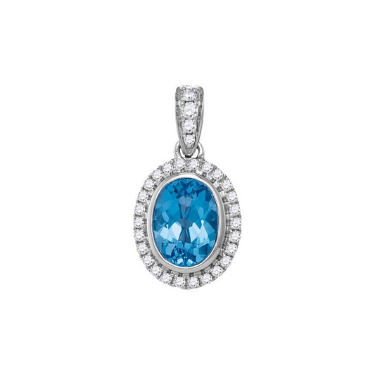 14k White Gold Oval Blue Topaz Solitaire Diamond-accent Pendant 1/6 Cttw