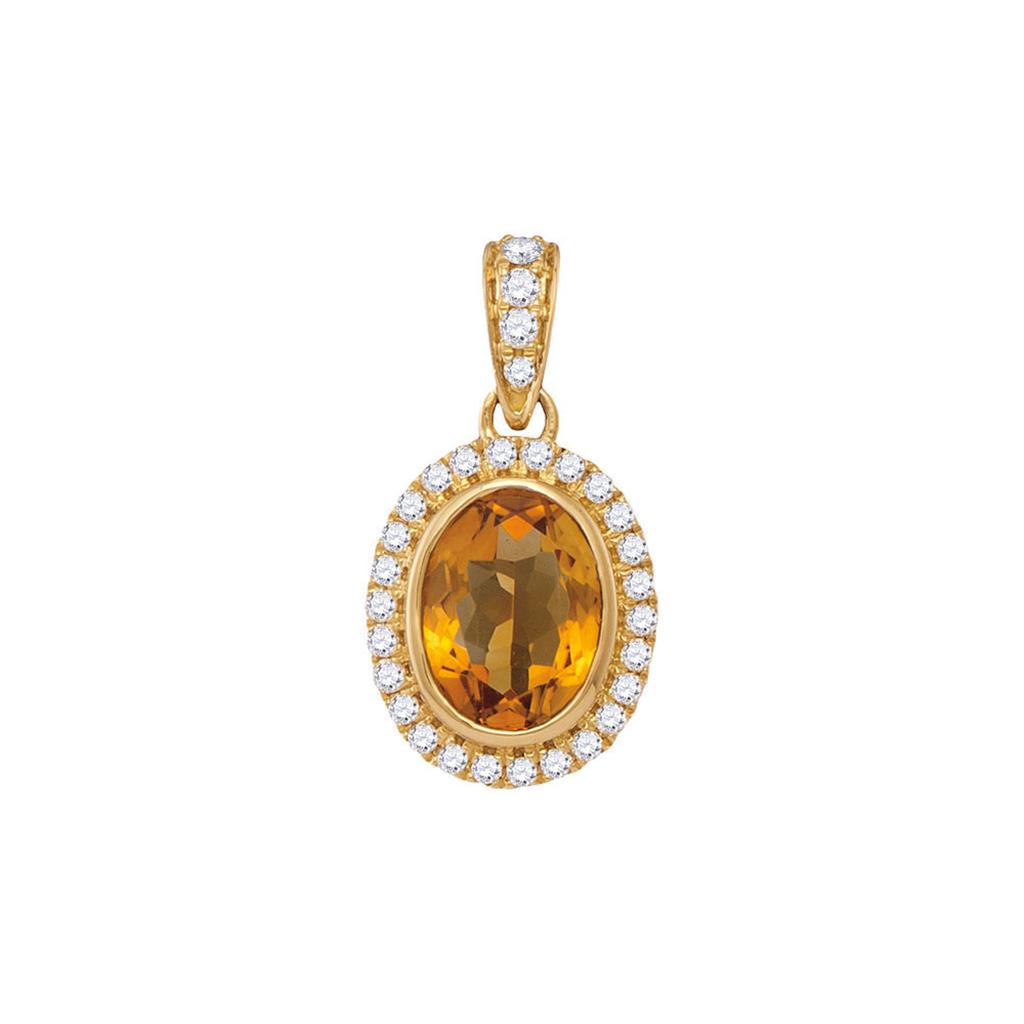 14k Yellow Gold Oval Citrine Solitaire Diamond Accent Pendant 1-1/5 Cttw