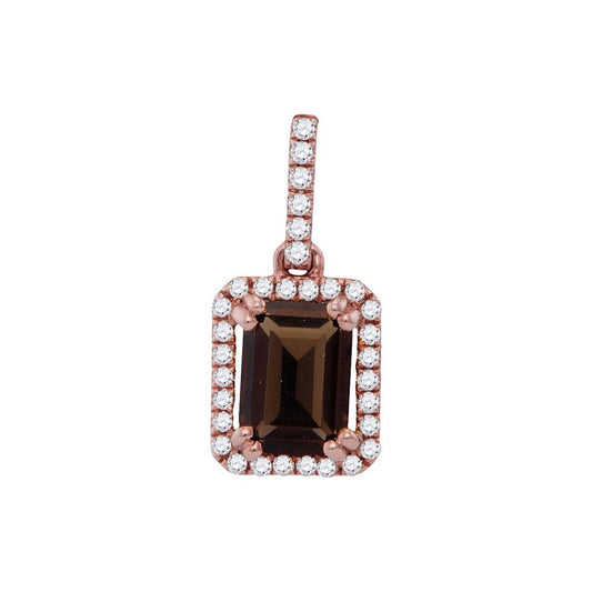 14k Rose Gold Emerald Smoky Quartz Diamond Solitaire Pendant 1/8 Cttw