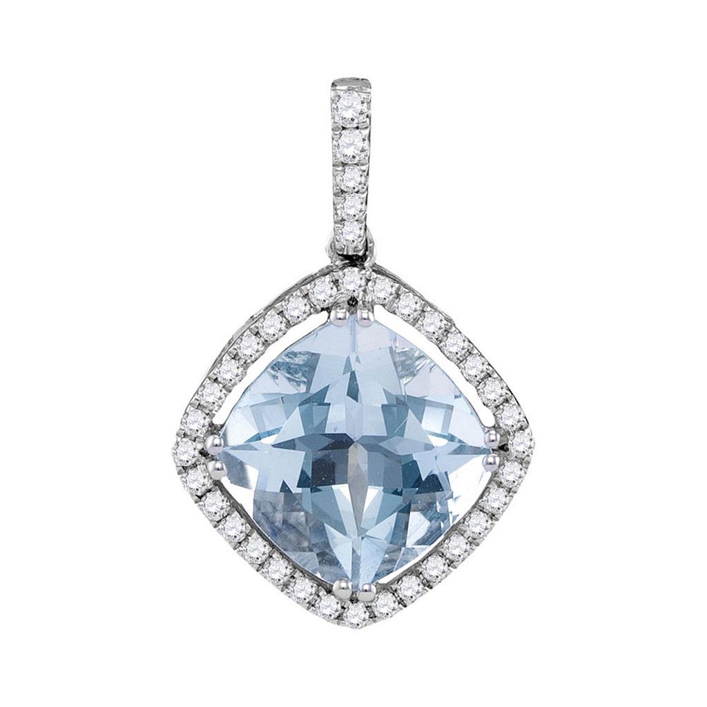 14k White Gold Cushion Aquamarine Diamond Solitaire Pendant 2-1/5 Cttw