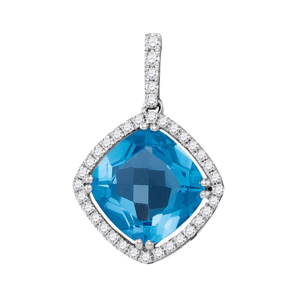 14k White Gold Cushion Blue Topaz Diamond Square Solitaire Pendant 3-1/2 Cttw