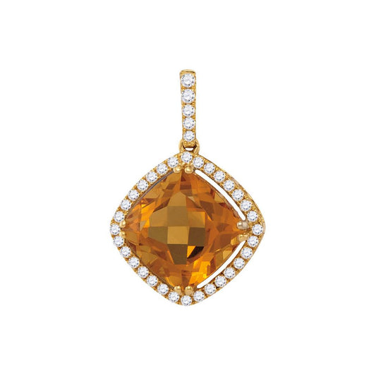 14k Yellow Gold Cushion Citrine Diamond Solitaire Pendant 2-3/4 Cttw