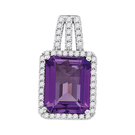 14k White Gold Amethyst Solitaire Diamond-accent Pendant 1/4 Cttw