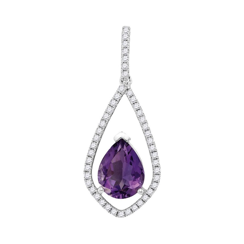 14k White Gold Pear Amethyst Teardrop Diamond Accent Pendant 1-1/2 Cttw