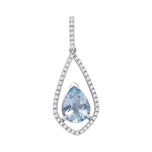 14k White Gold Pear Aquamarine Diamond Teardrop Pendant 1-1/2 Cttw