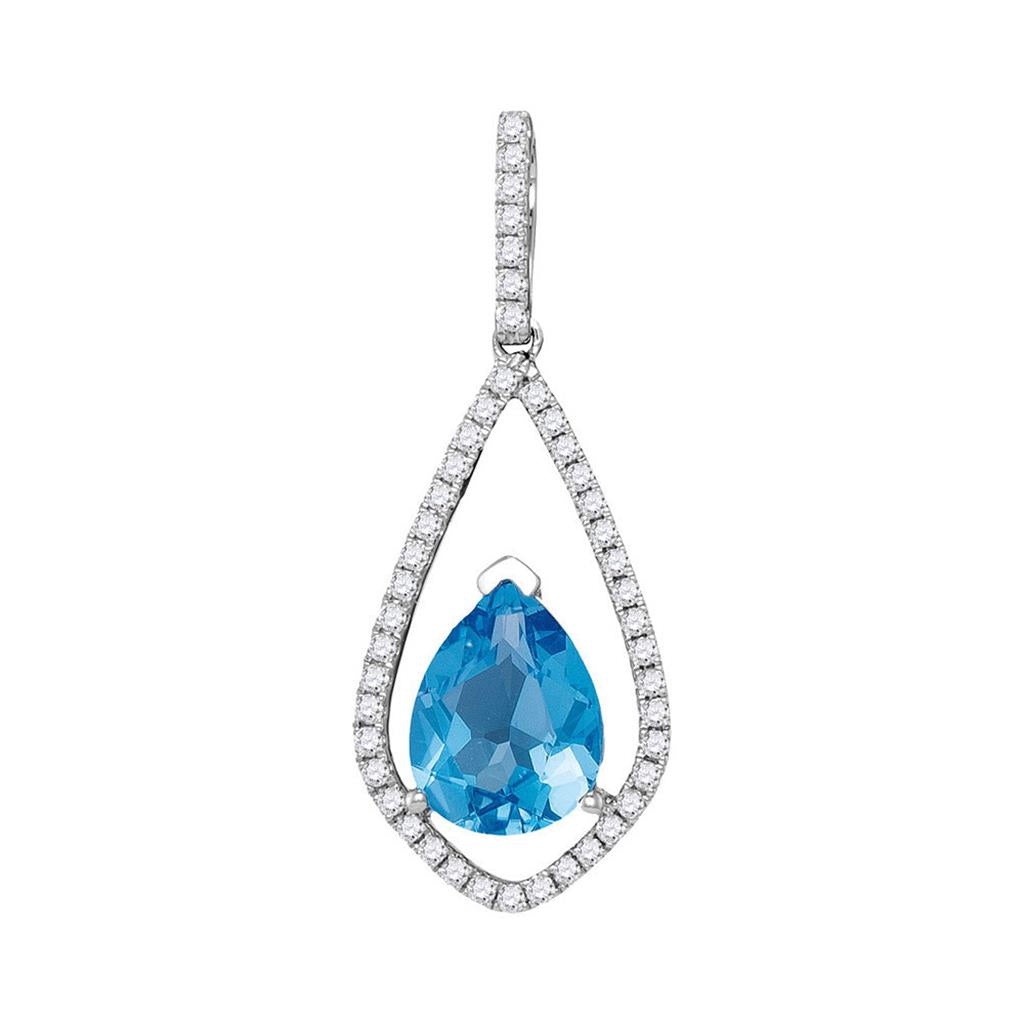 14k White Gold Pear Blue Topaz Solitaire Diamond Teardrop Pendant 2 Cttw