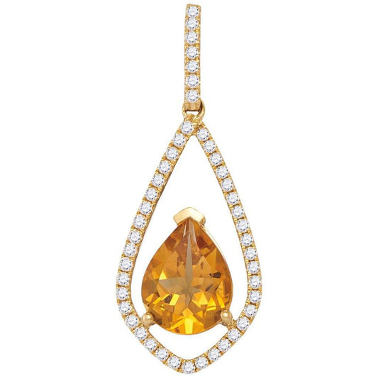 14k Yellow Gold Pear Citrine Diamond Teardrop Pendant 1-1/2 Cttw